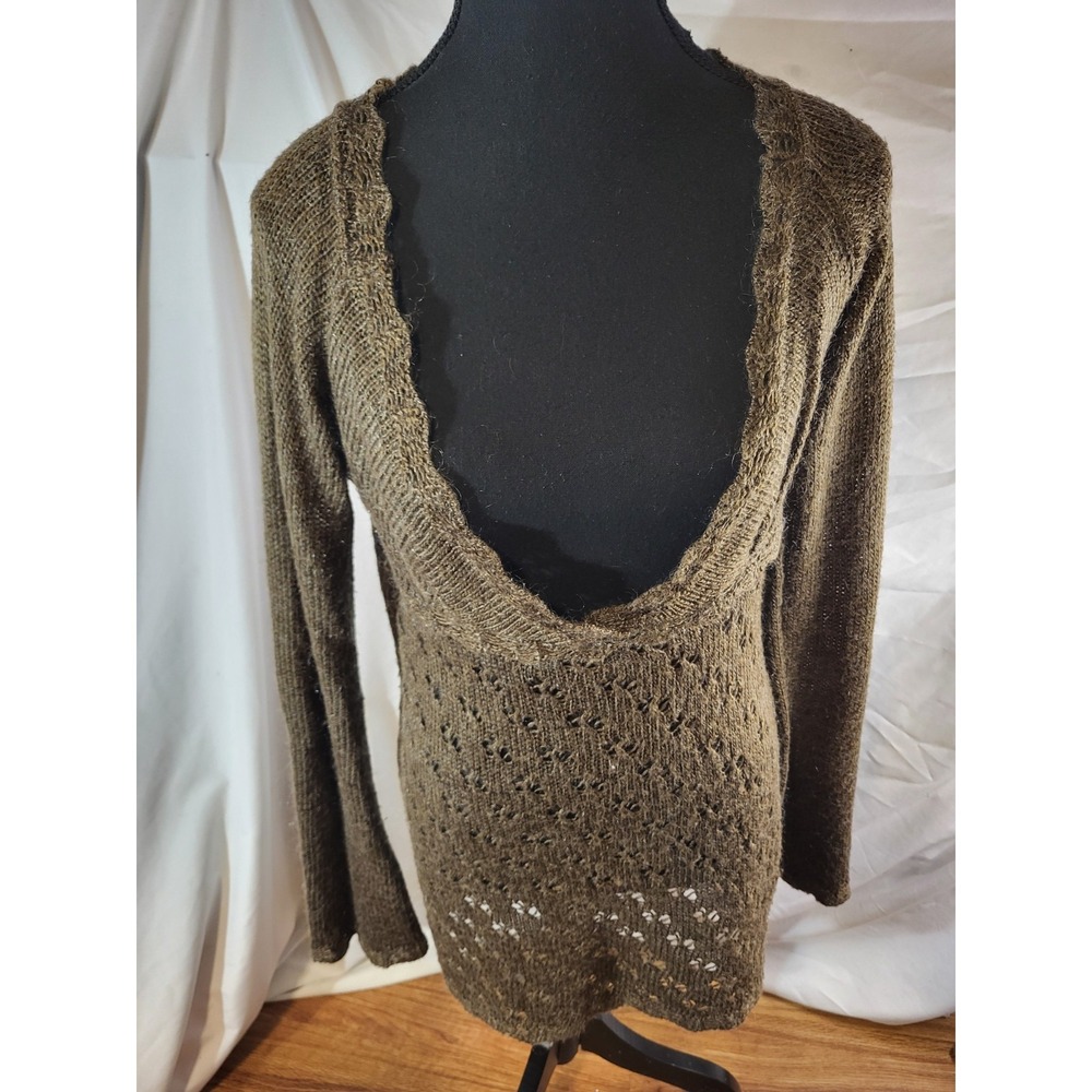 Vtge Y2K Takeout Brown Mohair Blend Sheer Babydoll Sweater Bell Sleeves Large